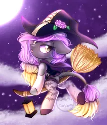 Size: 750x873 | Tagged: suggestive, artist:cabbage-arts, derpibooru import, oc, oc:phantasia, unofficial characters only, pony, unicorn, broom, commission, female, flower, flying, flying broomstick, halloween, hat, holiday, lantern, mare, solo, witch, ych result
