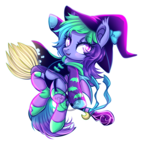 Size: 800x798 | Tagged: safe, artist:cabbage-arts, derpibooru import, oc, oc:rainbow sherbet, unofficial characters only, bat pony, pony, bat pony oc, bat wings, broom, commission, female, flying, flying broomstick, hat, mare, simple background, solo, transparent background, wings, witch, ych result