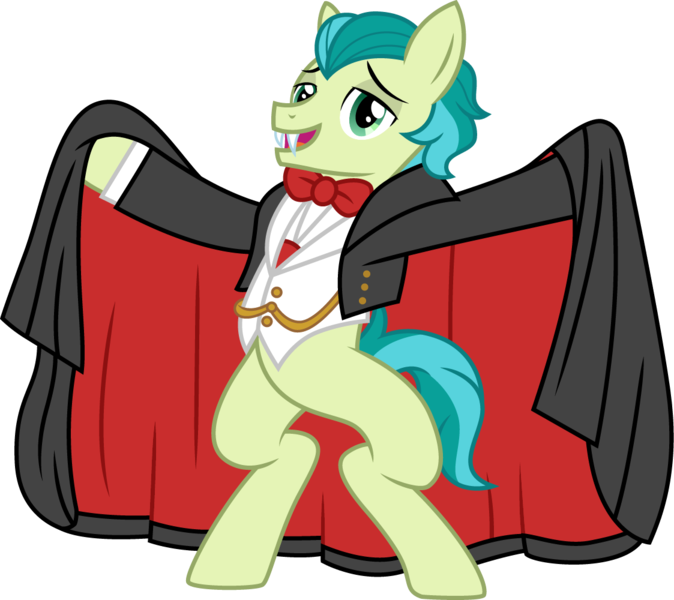 Size: 1123x1000 | Tagged: safe, artist:cloudyglow, derpibooru import, idw, sandbar, earth pony, pony, spoiler:comic, spoiler:comic71, clothes, costume, dracula, idw showified, male, simple background, smiling, solo, teenager, transparent background