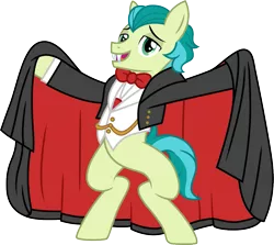 Size: 1123x1000 | Tagged: safe, artist:cloudyglow, derpibooru import, idw, sandbar, earth pony, pony, spoiler:comic, spoiler:comic71, clothes, costume, dracula, idw showified, male, simple background, smiling, solo, teenager, transparent background