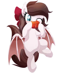 Size: 999x1210 | Tagged: safe, artist:xsidera, derpibooru import, oc, oc:aurelia freefeather, oc:aurelleah, oc:aurry, unofficial characters only, bat pony, biting, bow, clothes, colored wings, commission, cute, eating, fluffy mane, food, hair bow, happy, mango, nom, one eye closed, simple background, solo, transparent background, wings