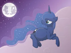Size: 13200x9900 | Tagged: safe, artist:xniclord789x, derpibooru import, princess luna, alicorn, pony, absurd resolution, belly, belly button, big belly, cloud, cute, ethereal mane, female, image, looking back, lunabetes, mama luna, mare, moon, night, night sky, outie belly button, png, pregluna, pregnant, sky, smiling, solo, starry mane