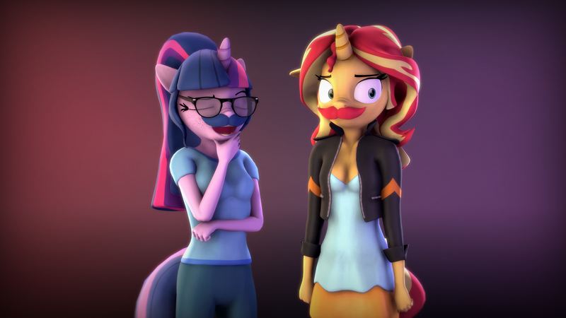 Size: 3840x2160 | Tagged: safe, artist:0ndshok, artist:imafutureguitarhero, derpibooru import, sci-twi, sunset shimmer, twilight sparkle, anthro, human, unicorn, equestria girls, 3d, adaptation, chromatic aberration, clothes, dress, duo, eyes closed, facial hair, female, film grain, floppy ears, freckles, glasses, gradient background, high res, hilarious in hindsight, horn, jacket, leather jacket, lesbian, mare, moustache, multicolored hair, multicolored tail, nose wrinkle, open mouth, raised eyebrow, recursive fanart, scitwishimmer, shipping, shirt, source filmmaker, sunsetsparkle, wallpaper