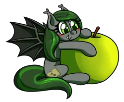 Size: 1280x1053 | Tagged: safe, artist:alittleofsomething, derpibooru import, oc, oc:emerald notes, unofficial characters only, bat pony, pony, apple, blushing, food, simple background, solo, tiny, transparent background