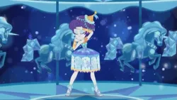 Size: 853x480 | Tagged: safe, derpibooru import, screencap, rarity, equestria girls, equestria girls series, the other side, carousel, carousel dress, clothes, dress, eyes closed, feet, high heels, music video, pose, ribbon, sandals, shoes, stylish, toes