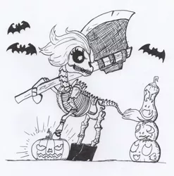 Size: 1170x1184 | Tagged: safe, artist:kuroneko, derpibooru import, big macintosh, discord, skellinore, spike, bat, pony, skeleton pony, undead, the break up breakdown, axe, bone, boots, clothes, female, halloween, holiday, inktober, inktober 2018, jack-o-lantern, mare, monochrome, pumpkin, ribcage, shoes, simple background, skeleton, skull, solo, traditional art, weapon, white background