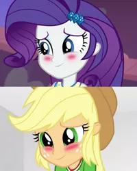 Size: 874x1093 | Tagged: safe, derpibooru import, edit, edited edit, edited screencap, screencap, applejack, rarity, equestria girls, equestria girls series, rollercoaster of friendship, blushing, cute, female, jackabetes, raribetes, shipping fuel, solo