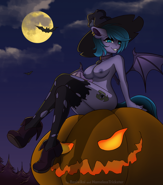 Size: 1000x1129 | Tagged: anthro, artist:namelesstrickster, artist:rexiwiksi, breasts, collaboration, commission, derpibooru import, erect nipples, female, halloween, hat, holiday, jewelry, looking at you, moon, nipples, nudity, oc, oc:belfry towers, pumpkin, questionable, solo, unofficial characters only, witch hat, ych result