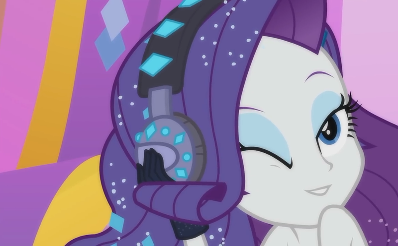 Size: 1161x720 | Tagged: safe, derpibooru import, screencap, rarity, equestria girls, equestria girls series, the other side, bare shoulders, beautiful, female, headphones, looking at you, one eye closed, wink