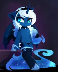 Size: 2000x2467 | Tagged: suggestive, artist:magnaluna, derpibooru import, princess luna, alicorn, pony, zefiros codex, alternate design, bipedal, chest fluff, clothes, color porn, colored pupils, colored wings, colored wingtips, crown, curved horn, cute, cute little fangs, ear fluff, ethereal mane, fangs, female, floppy ears, horn, jewelry, leaning, leg fluff, looking sideways, lunabetes, mare, panties, regalia, shoes, socks, solo, solo female, spread wings, starry mane, thigh highs, underwear, wings