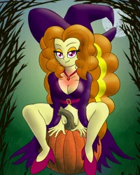 Size: 2048x2560 | Tagged: suggestive, artist:cybersquirrel, derpibooru import, adagio dazzle, equestria girls, bottomless, breasts, censored, cleavage, clothes, female, full moon, gem, halloween, hat, high heels, holiday, looking at you, misleading thumbnail, moon, no panties, nudity, partial nudity, pumpkin, shoes, siren gem, smiling, smirk, solo, solo female, spread legs, spreading, strategically covered, witch, witch hat
