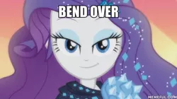 Size: 600x337 | Tagged: suggestive, derpibooru import, edit, edited screencap, screencap, rarity, equestria girls, equestria girls series, the other side, bedroom eyes, bend over, caption, female, image macro, lidded eyes, meme, pauldron, smiling, solo, text