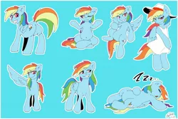 Size: 1500x1000 | Tagged: safe, artist:sozglitch, derpibooru import, rainbow dash, pegasus, pony, belly button, clothes, dress, featureless crotch, female, hat, mare, one eye closed, onomatopoeia, rainbow dash always dresses in style, sleeping, solo, sound effects, wink, yoga, zzz