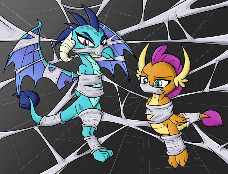 Size: 1700x1300 | Tagged: arm behind back, artist:nivek15, derpibooru import, dragon, dragoness, duo, female, gag, hands behind back, princess ember, safe, smolder, spider web, tied up