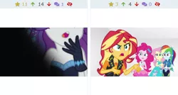 Size: 572x307 | Tagged: safe, derpibooru import, edit, screencap, fluttershy, pinkie pie, rainbow dash, rarity, sunset shimmer, derpibooru, equestria girls, equestria girls series, rollercoaster of friendship, the other side, juxtaposition, meta, upset