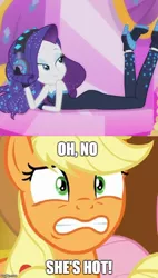 Size: 500x879 | Tagged: safe, derpibooru import, edit, edited screencap, screencap, applejack, rarity, equestria girls, equestria girls series, the other side, bare shoulders, clothes, cropped, dialogue, female, implied lesbian, implied rarijack, implied shipping, meme, oh no he's hot, parody, sexy, sleeveless, spongebob squarepants, squilliam returns, strapless, text, unitard