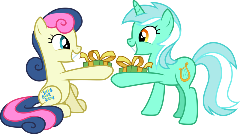 Size: 5380x3000 | Tagged: safe, artist:cloudyglow, artist:parclytaxel, derpibooru import, bon bon, lyra heartstrings, sweetie drops, earth pony, pony, unicorn, the break up breakdown, .ai available, absurd resolution, best friends, female, holding, holding a present, mare, present, simple background, sitting, transparent background, vector