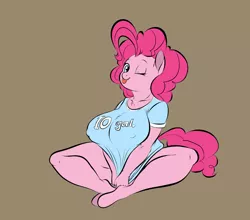 Size: 1400x1232 | Tagged: suggestive, artist:joenobody, derpibooru import, pinkie pie, anthro, earth pony, unguligrade anthro, :p, big breasts, bottomless, braless, breasts, brown background, busty pinkie pie, clothes, erect nipples, female, huge breasts, mare, nipple outline, no bra underneath, one eye closed, partial nudity, silly, simple background, solo, solo female, tongue out