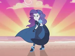 Size: 960x720 | Tagged: safe, derpibooru import, screencap, rarity, equestria girls, equestria girls series, the other side, beach, cape, clothes, cropped, female, high heels, pauldron, shoes, smiling, sunset