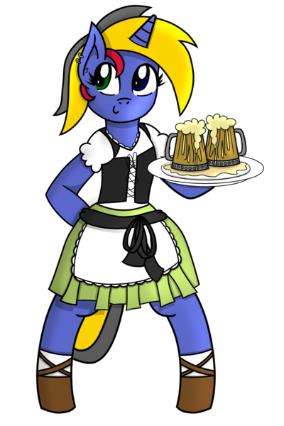 Size: 1200x1800 | Tagged: safe, artist:toyminator900, derpibooru import, oc, oc:wheelie rims, unofficial characters only, pony, unicorn, cider, clothes, dirndl, dress, ear piercing, female, heterochromia, oktoberfest, piercing, simple background, solo, tankard, transparent background