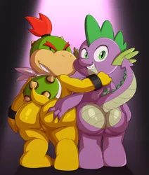 Size: 4000x4713 | Tagged: absurd resolution, artist:jerseydevil, bowser jr, butt, butt grab, butt touch, crossover, derpibooru import, dragon, dragonbutt, gay, grope, hand on butt, looking at you, looking back, looking back at you, male, males only, spike, suggestive, the ass was fat