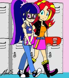 Size: 736x833 | Tagged: safe, artist:allexxiss, derpibooru import, sci-twi, sunset shimmer, twilight sparkle, equestria girls, alternate costumes, book, clothes, female, human coloration, lesbian, looking at you, request, requested art, scitwishimmer, shipping, shoes, skateboard, sneakers, sunsetsparkle