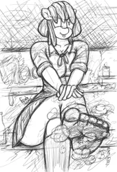 Size: 1361x2000 | Tagged: anthro, apple bloom, artist:fetishsketches, breasts, clothes, derpibooru import, dirty, dirty socks, feet, female, fetish, foot fetish, looking at you, musk, plantigrade anthro, school uniform, signature, socks, solo, solo female, suggestive