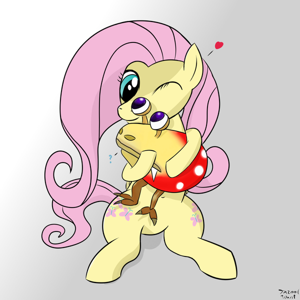 Size: 2000x2000 | Tagged: safe, artist:tazool, derpibooru import, fluttershy, pegasus, pikmin, pony, affection, both cutie marks, bulborb, confused, cute, cutie mark, eyelashes, female, folded wings, heart, holding, hug, mare, one eye closed, question mark, simple background, sitting, smiling, wings, wink