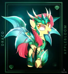 Size: 3840x4200 | Tagged: safe, artist:zidanemina, derpibooru import, apple bloom, earth pony, pony, armor, black background, crossover, draco, female, filly, image, jpeg, looking at you, older, older apple bloom, saint seiya, simple background, solo