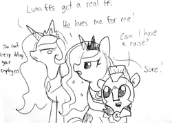 Size: 1280x913 | Tagged: safe, artist:tjpones, derpibooru import, princess celestia, princess luna, alicorn, pony, black and white, dialogue, female, gold digger, grayscale, lineart, male, mare, monochrome, royal guard, royal sisters, simple background, sketch, stallion, traditional art, white background