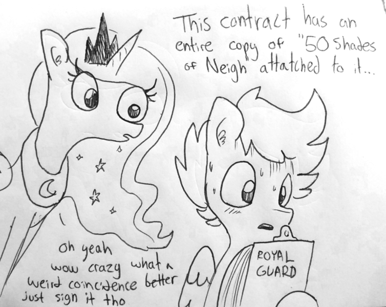 Size: 1280x1019 | Tagged: safe, artist:tjpones, derpibooru import, princess luna, alicorn, pegasus, pony, blushing, clipboard, contract, dialogue, ear fluff, female, lineart, male, mare, monochrome, royal guard, simple background, sketch, stallion, sweat, sweatdrop, traditional art, white background