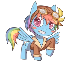 Size: 1280x1343 | Tagged: safe, artist:figgot, derpibooru import, rainbow dash, pegasus, pony, blush sticker, blushing, bomber jacket, chibi, clothes, female, goggles, grin, jacket, looking at you, mare, raised hoof, simple background, smiling, solo, spread wings, transparent background, wings