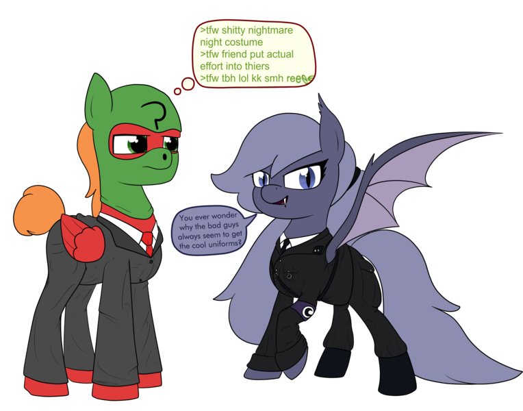 Size: 2548x2000 | Tagged: safe, artist:moonatik, derpibooru import, oc, oc:moonatik, oc:selenite, unofficial characters only, bat pony, pegasus, pony, 4chan, armband, belt, boots, clothes, costume, crescent moon, dialogue, ear tufts, fangs, female, frown, glare, greentext, lidded eyes, long hair, long mane, looking at someone, looking at you, male, mare, mask, medal, military uniform, moon, necktie, nightmare night costume, open mouth, ponytail, question mark, raised hoof, reeee, shoes, simple background, smiling, smirk, speech bubble, spread wings, stallion, suit, tail bun, talking, text, thought bubble, transparent background, uniform, wings