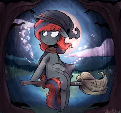 Size: 1024x955 | Tagged: safe, artist:urbanqhoul, derpibooru import, oc, oc:kenzie, unofficial characters only, earth pony, pony, broom, cape, clothes, flying, flying broomstick, grass, hat, moon, night, signature, sitting, solo, water, witch