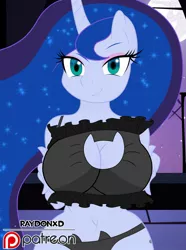 Size: 1524x2048 | Tagged: adorasexy, alicorn, alternative colors, anthro, artist:raydonxd, big breasts, breasts, cat lingerie, clothes, cute, derpibooru import, ethereal mane, female, lingerie, looking at you, night, patreon, patreon logo, princess luna, princess mewna, sexy, smiling, solo, solo female, starry mane, suggestive, wide hips