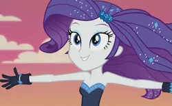 Size: 1165x720 | Tagged: safe, derpibooru import, screencap, rarity, equestria girls, equestria girls series, the other side, arms spread out, bare shoulders, clothes, female, gloves, sleeveless, smiling, solo, strapless, windswept hair, windswept mane