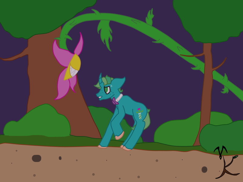 Size: 1280x960 | Tagged: safe, artist:valravnknight, derpibooru import, oc, oc:star thistle, pony, unicorn, evil grin, evil plant, forest, grin, plant, smiling, solo