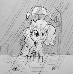 Size: 1240x1255 | Tagged: safe, artist:tjpones, derpibooru import, pinkie pie, earth pony, pony, black and white, cute, diapinkes, ear fluff, female, filly, filly pinkie pie, flower, grayscale, hat, inktober, inktober 2018, monochrome, puddle, rain, smiling, solo, standing, traditional art, umbrella, umbrella hat, younger