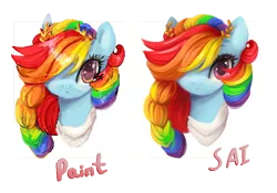 Size: 808x564 | Tagged: safe, artist:pechastan, derpibooru import, rainbow dash, pony, braid, bust, comparison, ms paint, paint tool sai, simple background, solo, transparent background, white background