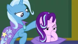 Size: 1920x1080 | Tagged: a matter of principals, boop, cape, classroom, clothes, derpibooru import, edit, edited screencap, glimmerposting, hat, looking down, magic, meme, safe, screencap, self-boop, smiling, smug, starlight glimmer, totally legit recap, trixie, trixie's cape, trixie's hat