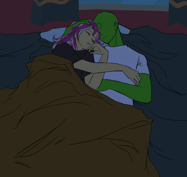 Size: 2530x2390 | Tagged: artist needed, source needed, safe, derpibooru import, sunset shimmer, oc, oc:anon, human, equestria girls, bed, cuddling, female, sleeping, snuggling