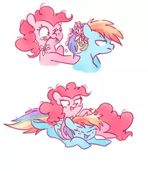 Size: 886x1021 | Tagged: safe, artist:pinkablue, derpibooru import, pinkie pie, rainbow dash, earth pony, pegasus, pony, female, flower, flower in hair, flower in mouth, laughing, lesbian, mare, mouth hold, noogie, pinkiedash, ponytail, prone, shipping, simple background, white background