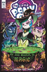 Size: 2063x3131 | Tagged: safe, artist:andypriceart, derpibooru import, idw, princess cadance, princess celestia, princess luna, alicorn, bat, cat, pony, spoiler:comic, spoiler:comic71, bedroom eyes, candle, cauldron, clothes, do you believe in magic?, female, halloween, hat, holiday, hood, hoof shoes, jack-o-lantern, looking at you, mare, moon, nightmare night, photo, pumpkin, skull, staff, top hat, trio, witch, witch hat