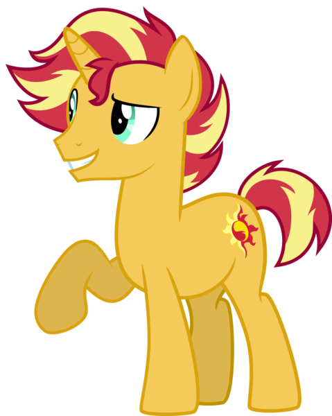 Size: 1589x1991 | Tagged: safe, artist:whalepornoz, derpibooru import, sunset shimmer, pony, unicorn, grin, male, my little colt, raised hoof, rule 63, simple background, smiling, solo, stallion, sunset glare, transparent background, vector