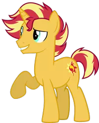 Size: 1589x1991 | Tagged: safe, artist:whalepornoz, derpibooru import, sunset shimmer, pony, unicorn, grin, male, my little colt, raised hoof, rule 63, simple background, smiling, solo, stallion, sunset glare, transparent background, vector