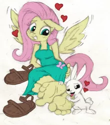 Size: 1184x1354 | Tagged: suggestive, artist:darkknighthoof, artist:dertikleen, derpibooru import, angel bunny, fluttershy, anthro, plantigrade anthro, angelshy, barefoot, breasts, clothes, colored, feet, female, fetish, foot fetish, foot worship, interspecies, licking, licking foot, lip bite, male, sandals, shipping, soles, straight, tickling, tongue out, traditional art