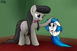 Size: 1453x970 | Tagged: safe, artist:the-furry-railfan, derpibooru import, octavia melody, vinyl scratch, pony, bowtie, cartoon physics, flattened, octavia is not amused, pun, record, silly, silly pony, squished, unamused