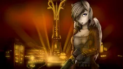 Size: 2267x1275 | Tagged: safe, artist:redwix, derpibooru import, oc, oc:swift ghost, unofficial characters only, anthro, pegasus, 2017, anthro oc, city, clothes, commission, fallout, fallout: new vegas, gun, image, jpeg, laser rifle, leather coat, pants, solo, video game crossover, weapon, ych result