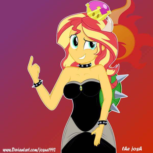 Size: 3500x3500 | Tagged: safe, artist:josue1992, derpibooru import, sunset shimmer, equestria girls, bare shoulders, bowsette, breasts, busty sunset shimmer, cleavage, clothes, cosplay, costume, dress, female, sleeveless, solo, strapless, super crown