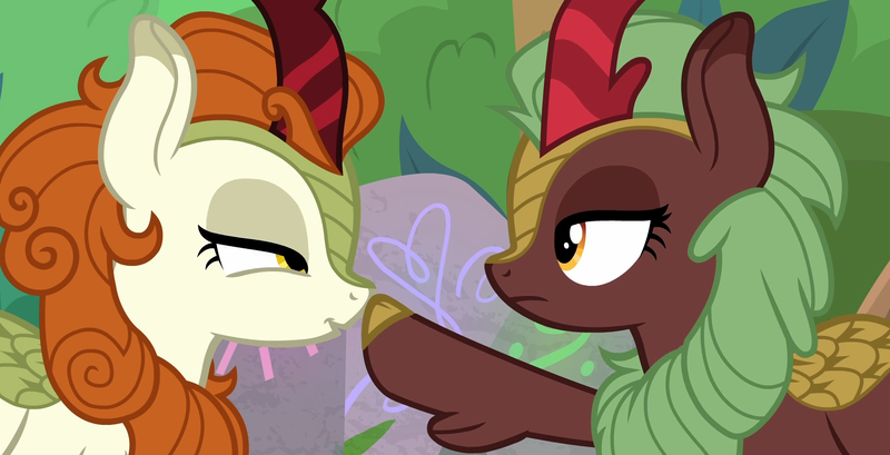 Size: 1893x967 | Tagged: autumn blaze, awwtumn blaze, background kirin, boop, cinderbetes, cinder glow, cloven hooves, cute, derpibooru import, duo, female, kirin, lidded eyes, safe, screencap, sounds of silence, spoiler:s08, summer flare